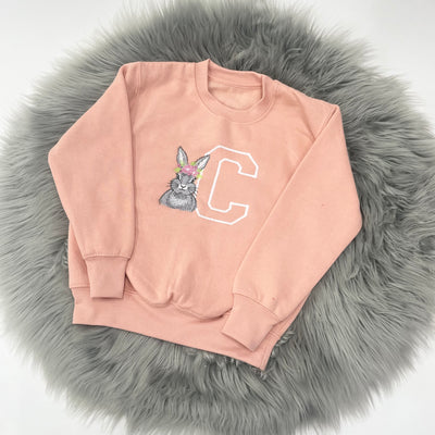 SAMPLE ‘C’ Embroidered Grey Floral Bunny Peach Pink Jumper - Size3-4 Years