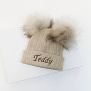 Beige Double Faux Fur Pom Hat (With or Without Personalisation)