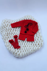 Red Dungaree Knitted Shorts & Pom Pom Tie Cardigan Set