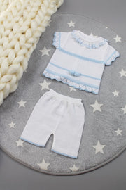 Blue & White Pom Pom Shorts Knitted Outfit