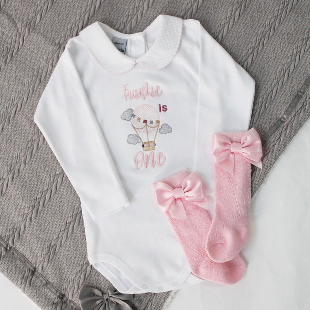 Embroidered Personalised Birthday Babyvest - Pink Hot Air Balloon