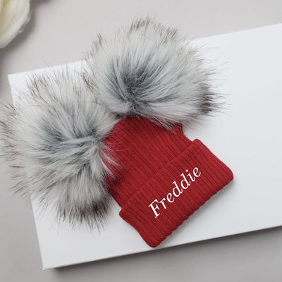 Red & Grey Double Faux Fur Hat (With or Without Personalisation)