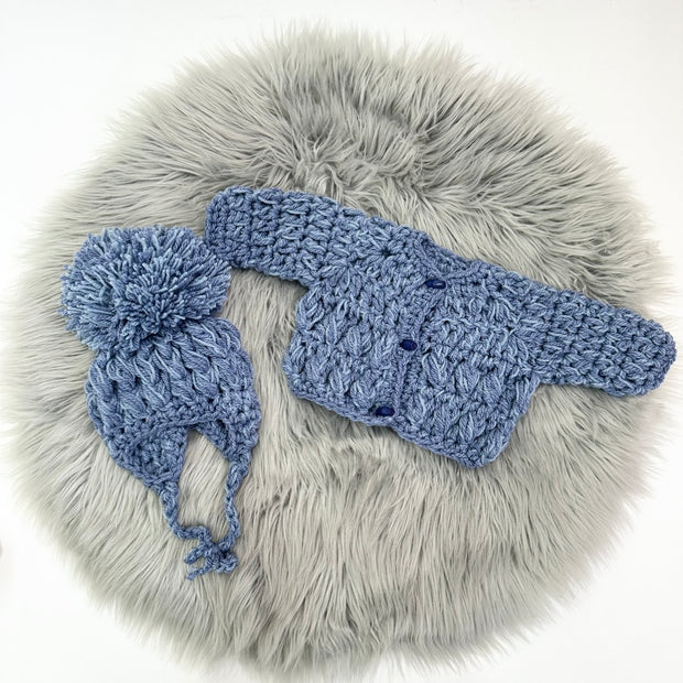 Merl Blue Hand Knit Button Up Knit Cardigan & Pom Hat