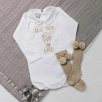 Embroidered Beige Half Way To One Hot Air Balloon Birthday Personalised Babyvest