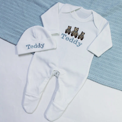 Blue Teddy Bear Personalised Rompersuit & Matching Hat