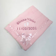 Baby Name & Date Of Birth Chevron Knit & Satin Bow Personalised Blanket - Various Coloured Blankets