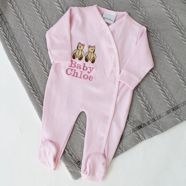 Teddy 'Baby' Embroidered Personalised Popper Sleepsuit - Various Colours