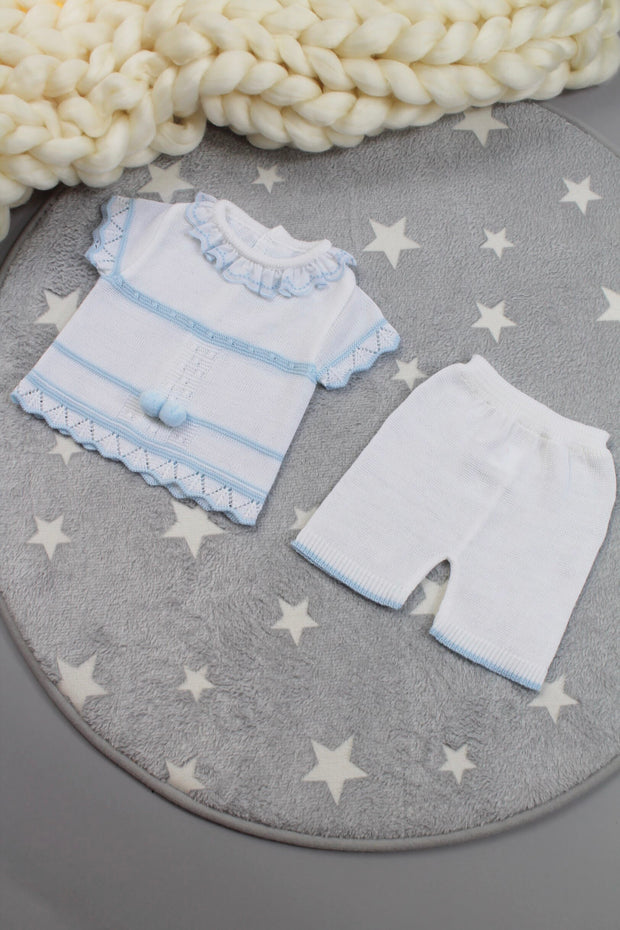 Blue & White Pom Pom Shorts Knitted Outfit
