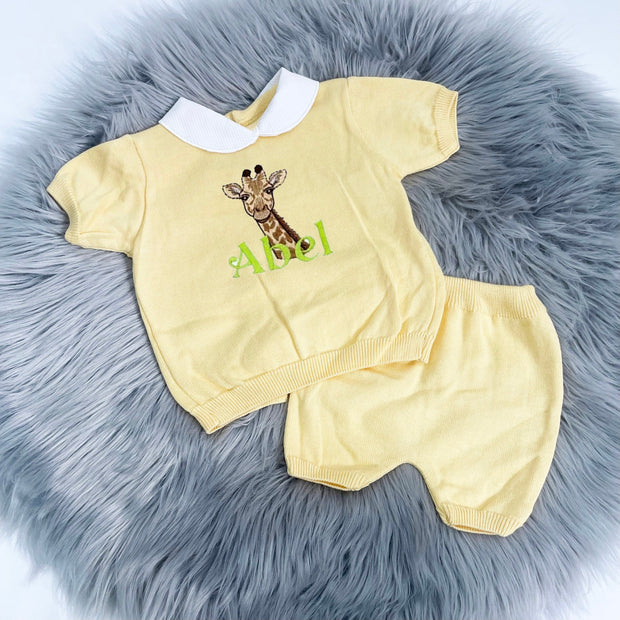 Yellow Knit Animal Embroidered Personalised Top & Shorts - Various Animals