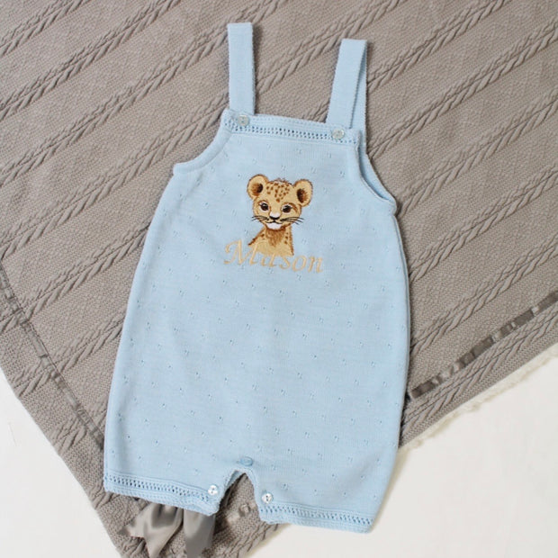 Embroidered Blue Short Knit Dungarees - Lion Cub