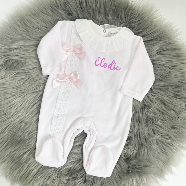 Baby Pink Frill Collar Bow Detail Velour Sleepsuit (Can be Personalised)