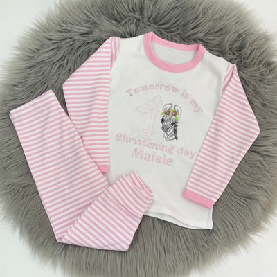 ‘Tomorrow is my Christening day’ Embroidered animal Personalised Pyjamas