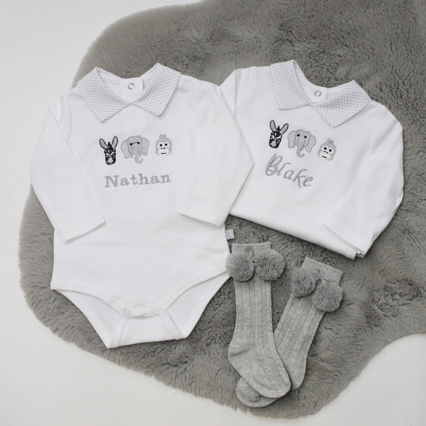 Embroidered Safari Animals Personalised Babygrow - Grey & White Colour Scheme