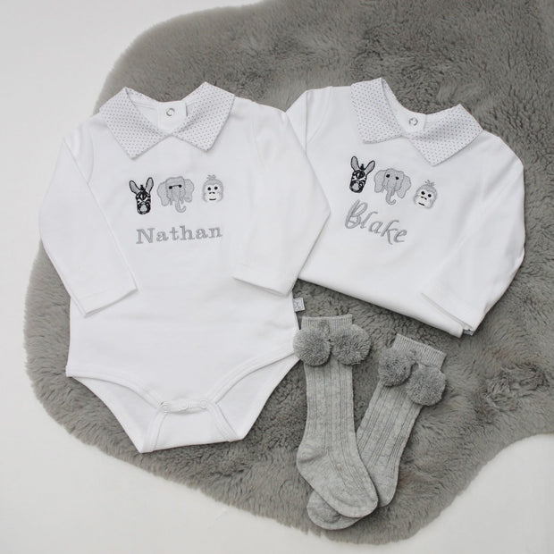 Embroidered Safari Animals Personalised Babygrow Grey White