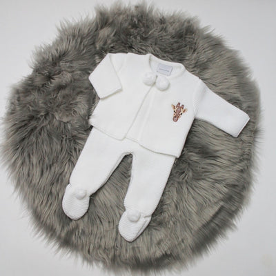 Giraffe Embroidered White Knitted Pom Pom Outfit