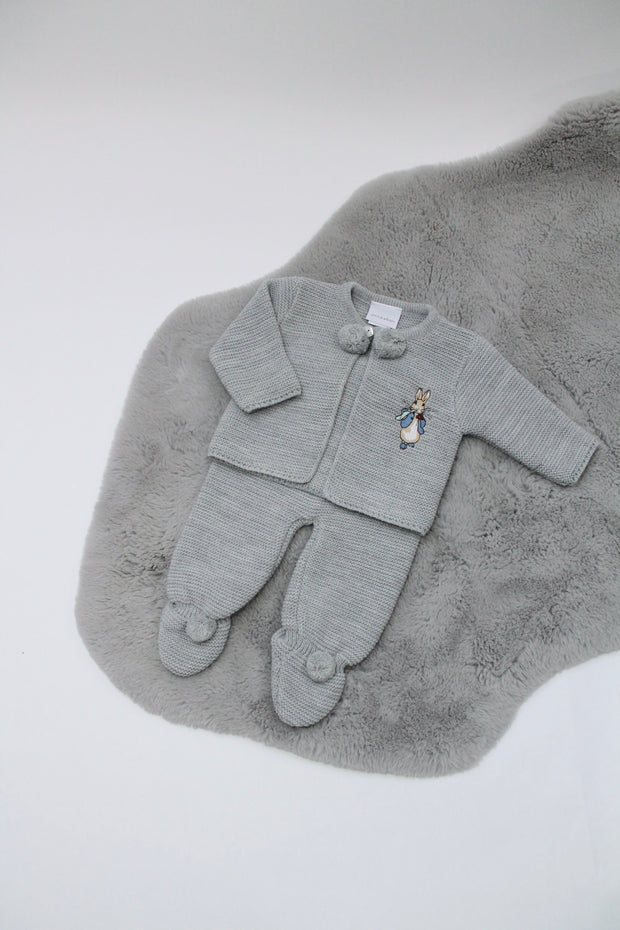 Grey Rabbit Embroidered Pom Pom Knitted Cardigan & Trousers Outfit