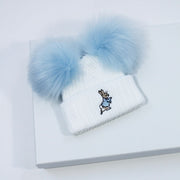 Rabbit Embroidered Double Blue Pom Hat