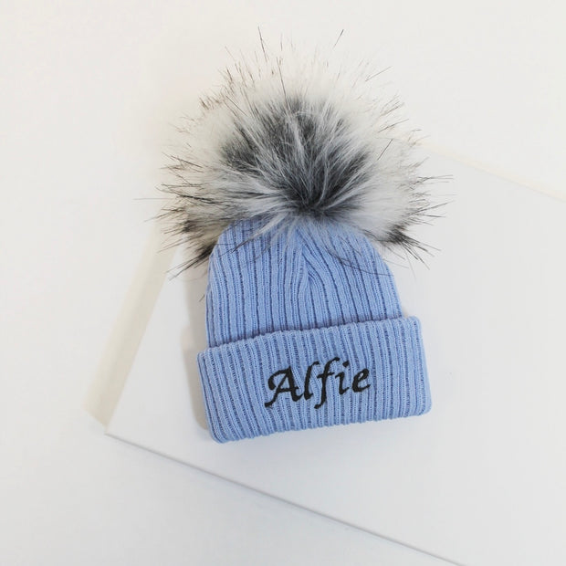 Blue & Grey Single Faux Fur Pom Hat (With or Without Personalisation)