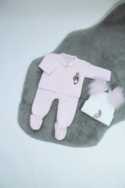Pink Rabbit Embroidered Pom Pom Knitted Cardigan & Trousers Outfit