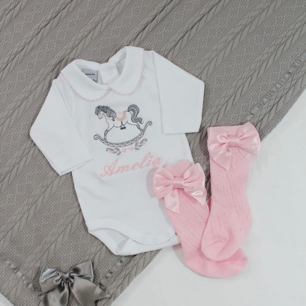 Embroidered Pink Rocking Horse Personalised Babygrow