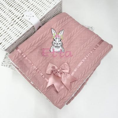 White floral Bunny Chevron Knit & Satin Bow Personalised Blanket - Various Coloured Blankets