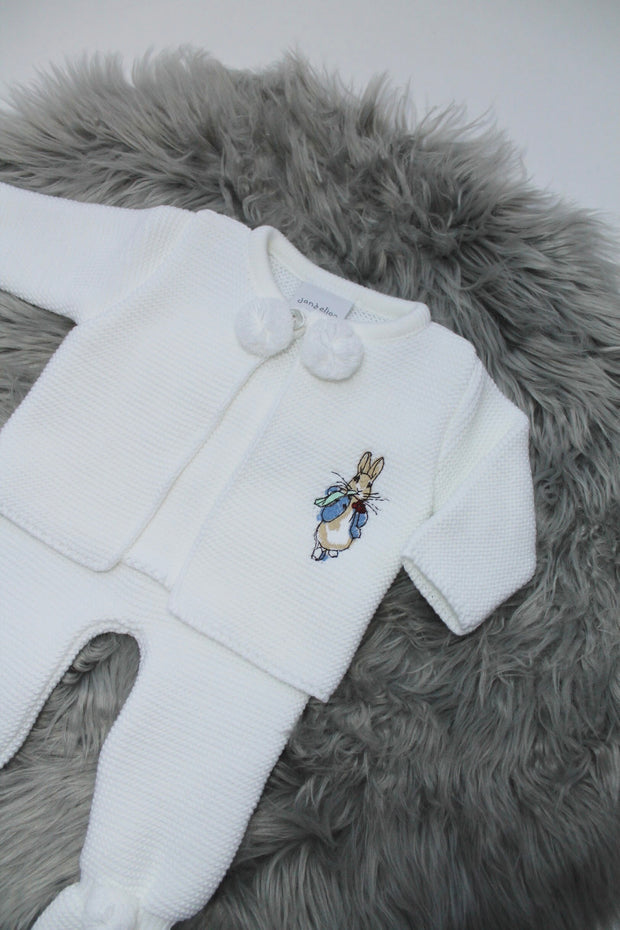 White Rabbit Embroidered Pom Pom Knitted Cardigan & Trousers Outfit