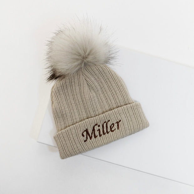Beige Single Faux Fur Pom Hat (With or Without Personalisation)