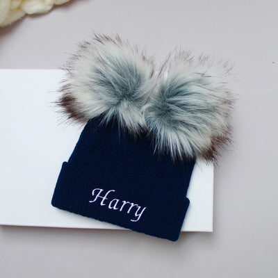 Navy Blue & Grey Double Faux Fur Hat (With or Without Personalisation)