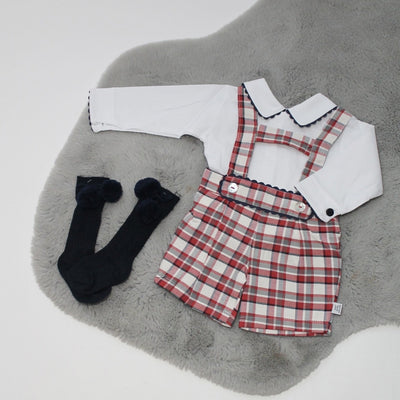 Red Checkered Dungaree & Long Sleeved Shirt Outfit