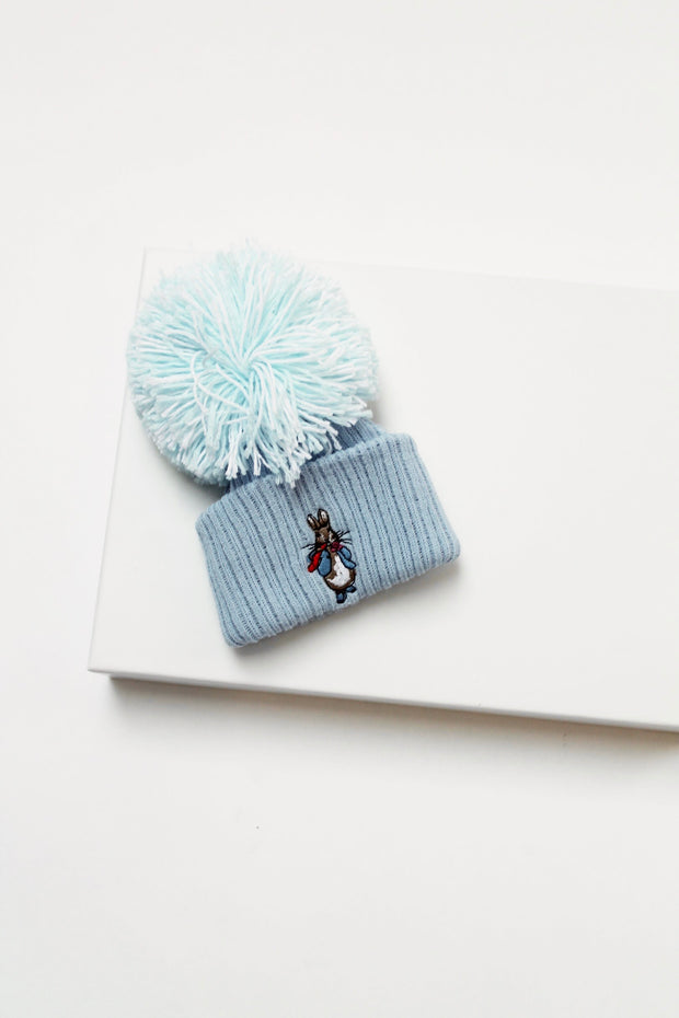 Rabbit Embroidered Blue Pom Pom Hat