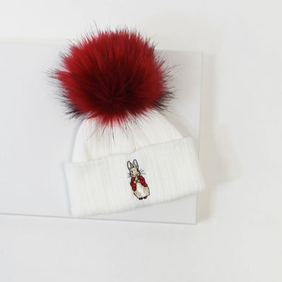 White & Red Rabbit Embroidered Single Pom Hat