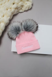 Pink & Grey Double Faux Fur Hat (With or Without Personalisation)