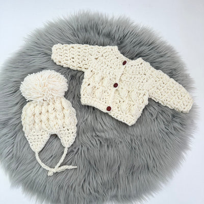 Beige Hand Knit Button Up Knit Cardigan & Pom Hat