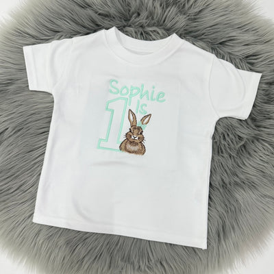 Beige Bunny with Hair Bow Birthday Personalised Embroidered T-Shirt (Various Coloured T-Shirts)
