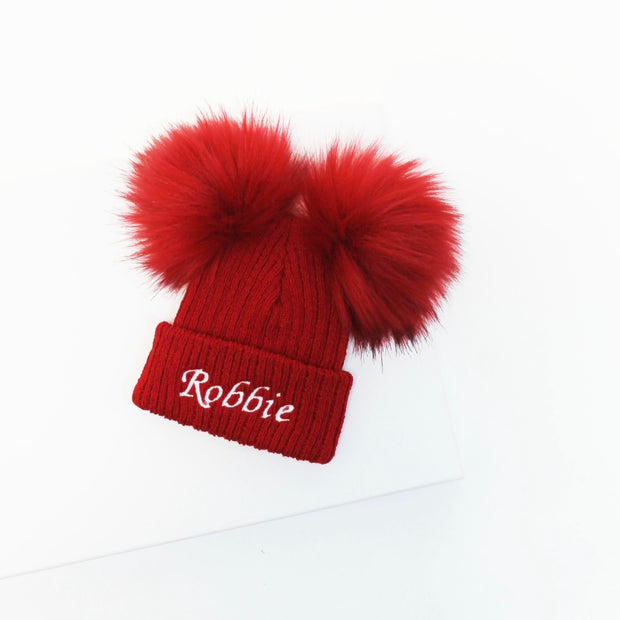 Red Double Faux Fur Pom Hat (With or Without Personalisation)