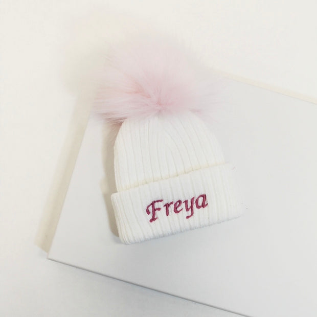 White & Pink Single Faux Fur Pom Hat (With or Without Personalisation)