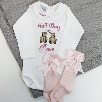 Embroidered Half Way To One Personalised Pink Collar Babyvest - Teddy Bear's