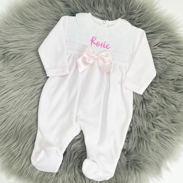 Pink & White Frill Collar Smocked Sleepsuit (Can be Personalised)
