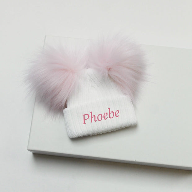 White With Pink Double Faux Fur Hat (With or Without Personalisation)