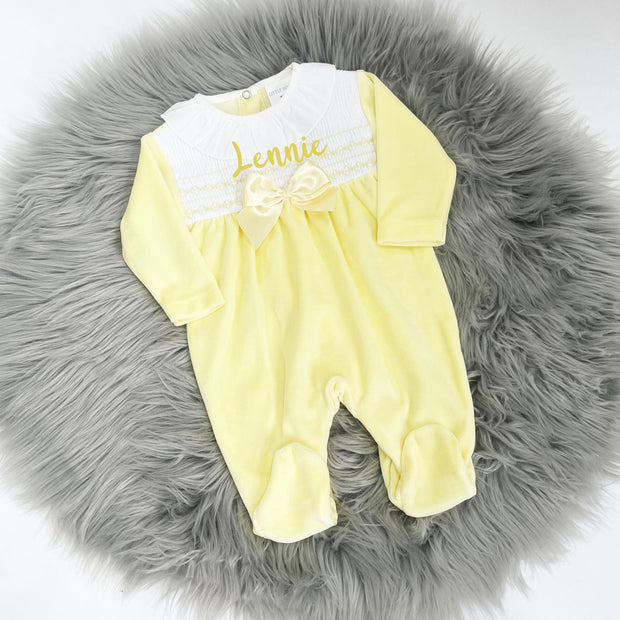 Lemon White Frill Collar Smocked Sleepsuit (Can be Personalised)