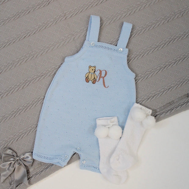 Embroidered Blue Short Knit Dungarees - Teddy Bear