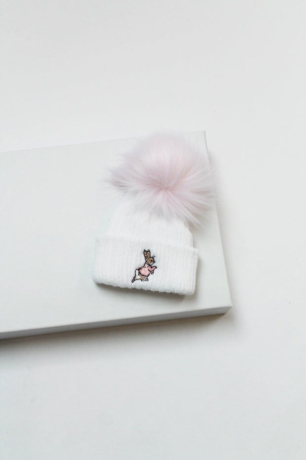Rabbit Embroidered Single Pink Pom Hat