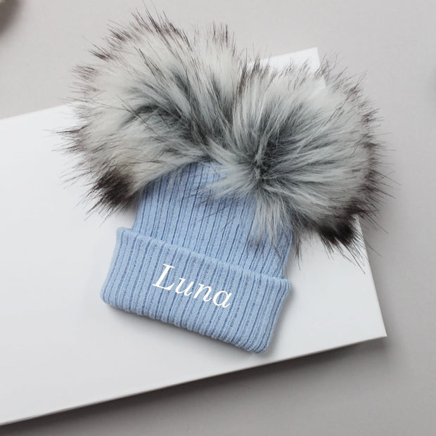 Blue & Grey Double Faux Fur Hat (With or Without Personalisation)