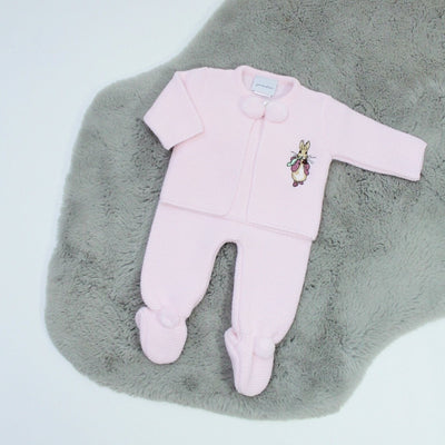 Pink Rabbit Embroidered Pom Pom Knitted Cardigan & Trousers Outfit