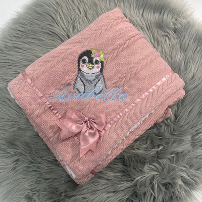 DEFECT - ‘Layla’ Embroidered Rose Pink Penguin Blanket