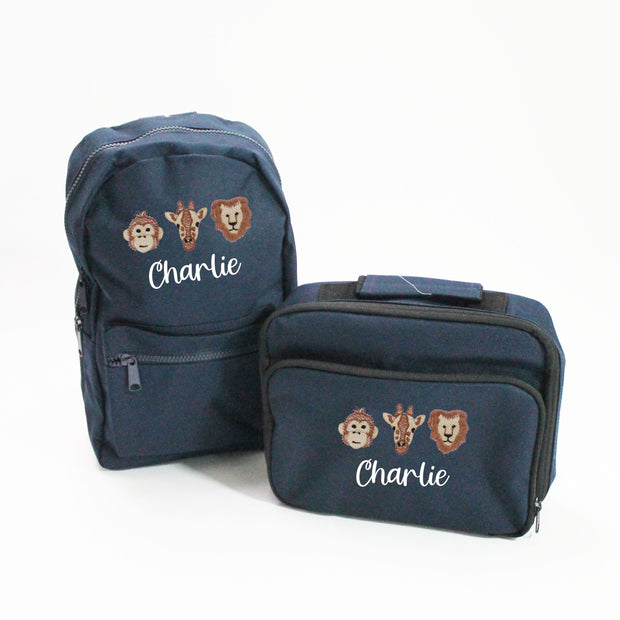 Personalised Navy Backpack & Matching Navy Lunchbox Set - Safari Animals