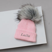 Pink & Grey Single Faux Fur Pom Hat (With or Without Personalisation)