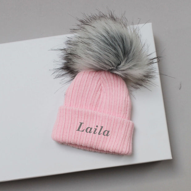 Pink & Grey Single Faux Fur Pom Hat (With or Without Personalisation)