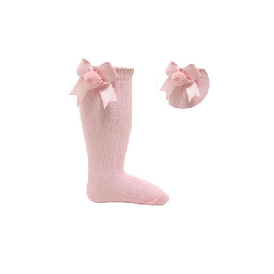 Pink Knee High Bow & Pom Socks