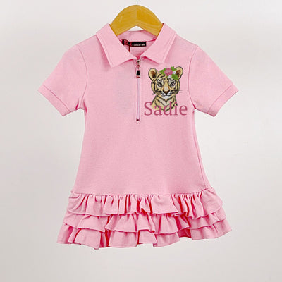 Pink Short Sleeved Animal embroidered Frill Dress (Various Animals)